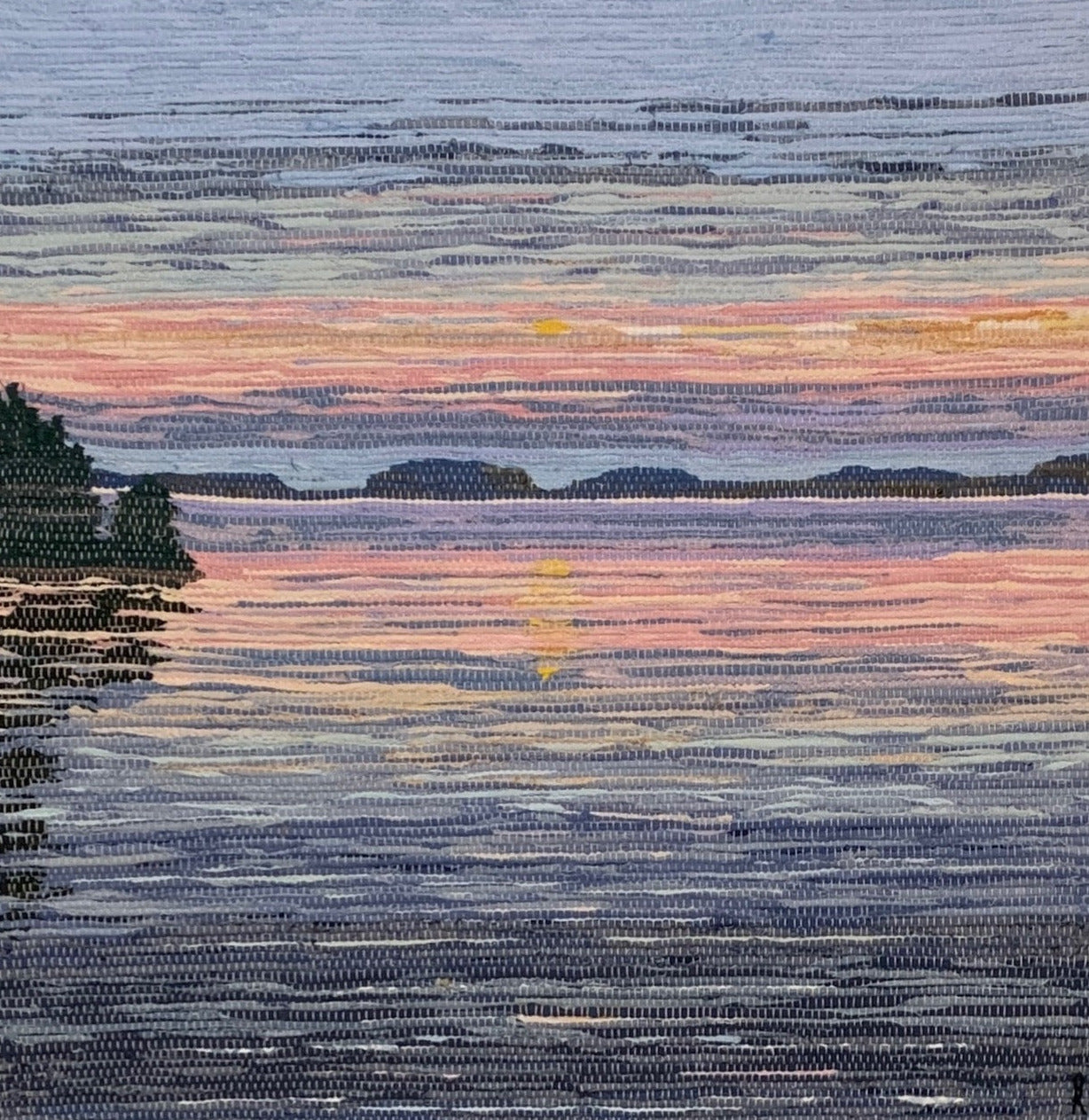 Aftonens ljus manar frid - Bildväv av Doris Risfjell Vilhelmina.  Bredd 93cm Höjd 98 cm plus frans 15 cm. Risjfells Sameslöjd