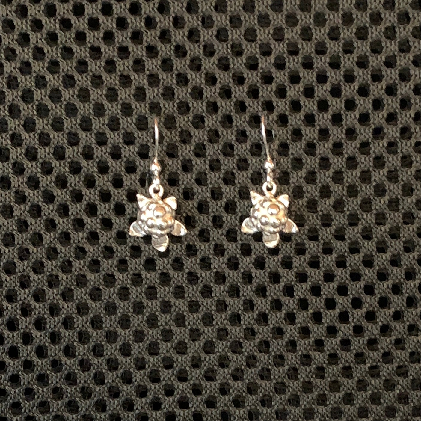 Hjortron i silver som örhängen. Hjortronets höjd 15 mm och bredd 15 mm. Öronkrokarna är även de i silver. Finns hos Risfjells Sameslöjd i Vilhelmina, Södra Lappland.