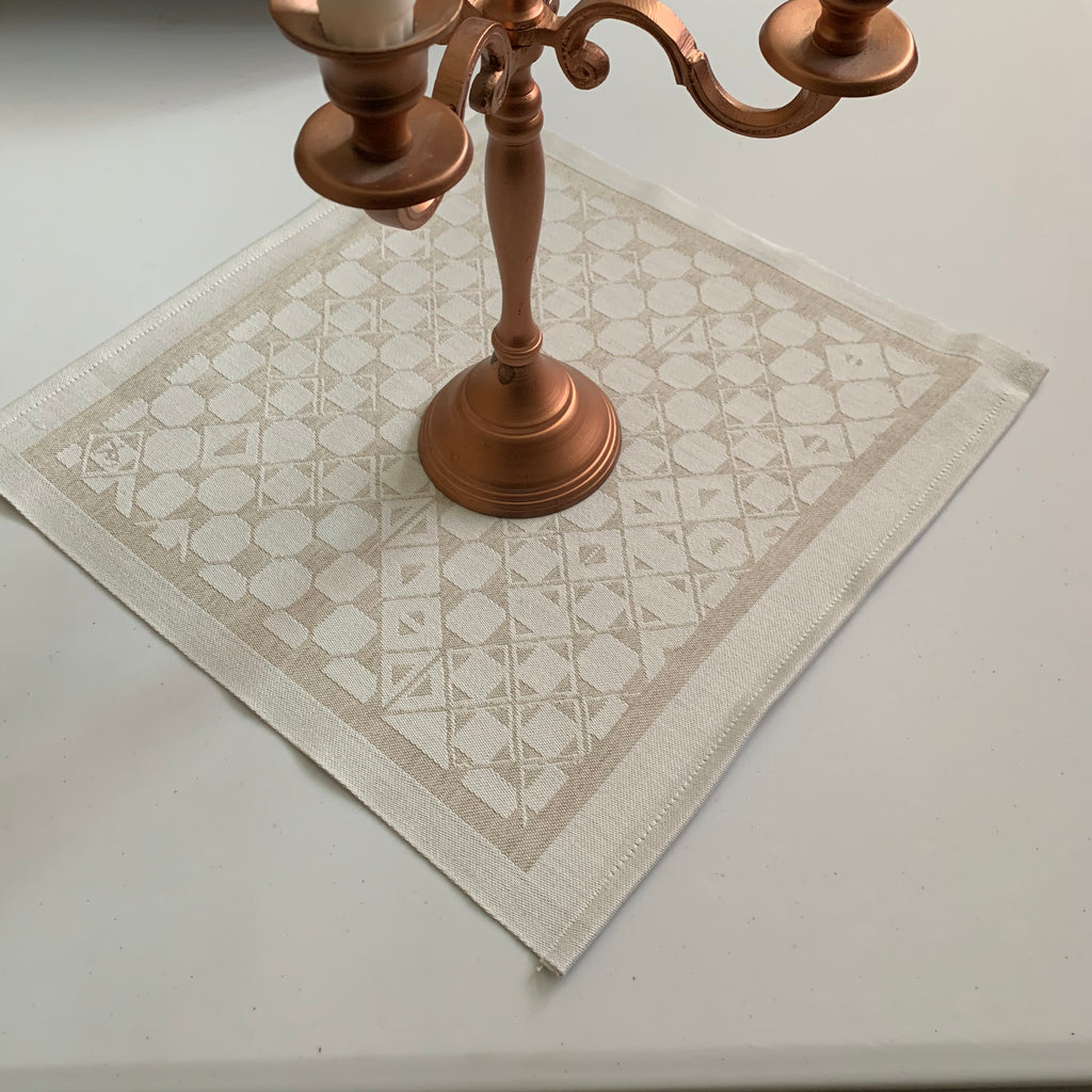 Doris och Sven-Åke Risfjells design "Nåjdmönstret från Marsfjäll" som bordstabletter. En unik produkt från oss. Den är vävd i Sverige  i lin och bomull. Tål att tvättas i 95 grader. Spinning, vävning, blekning, tvätt, färgning och tryckning har skett enligt Naturskyddsföreningens krav.  Storlek  35x35 cm.    