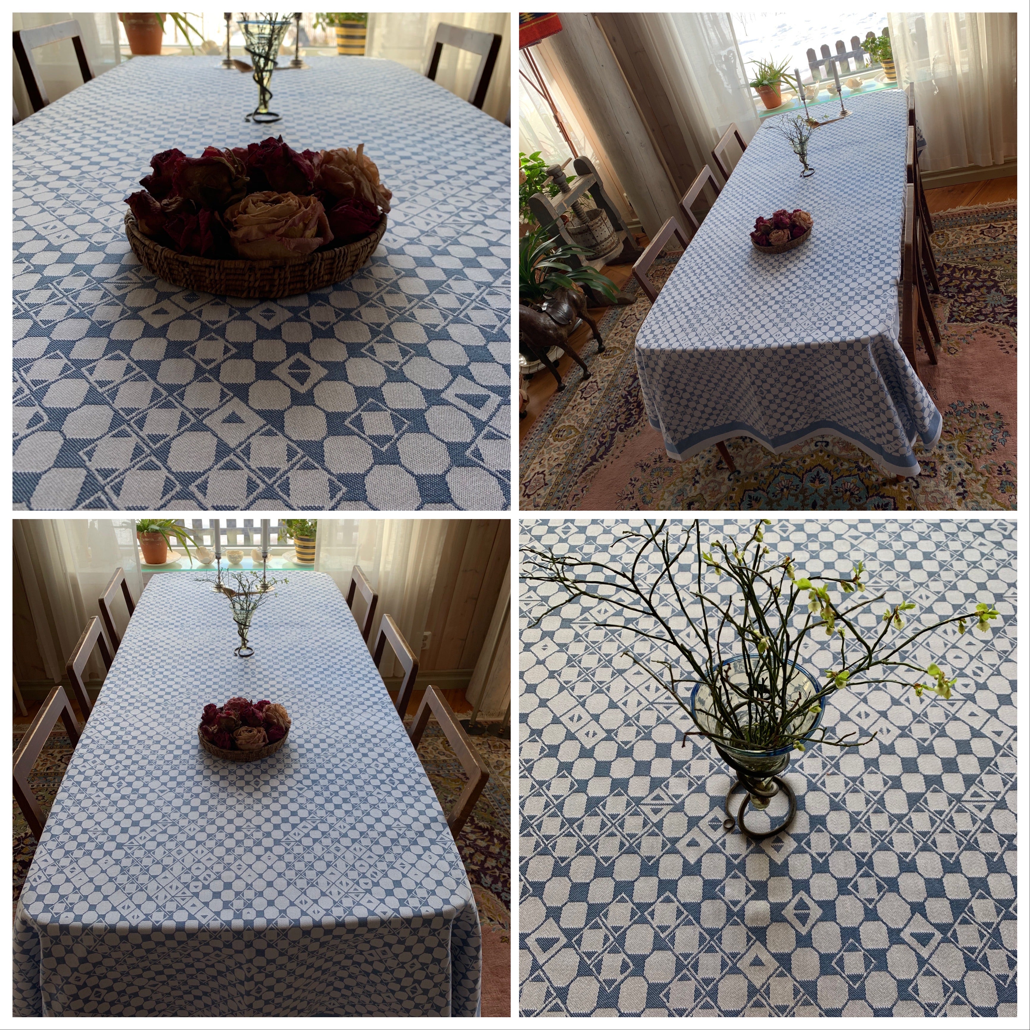 En bordsduk 150x250 cm en unik produkt från oss Risfjells Sameslöjd. Bordsduken här i blått har ett unikt sydsamiskt mönster som finns på en gammal väska (Daaskoe)som bars av sista nåjden från Marsfjäll i Vilhelmina. Sameslöjdare Sven-Åke Risfjell hittade väskan i museigömmorna 1999 och har sedan dess återbördat mönstren som fanns ingraverade på väskan i sin egen slöjd. 